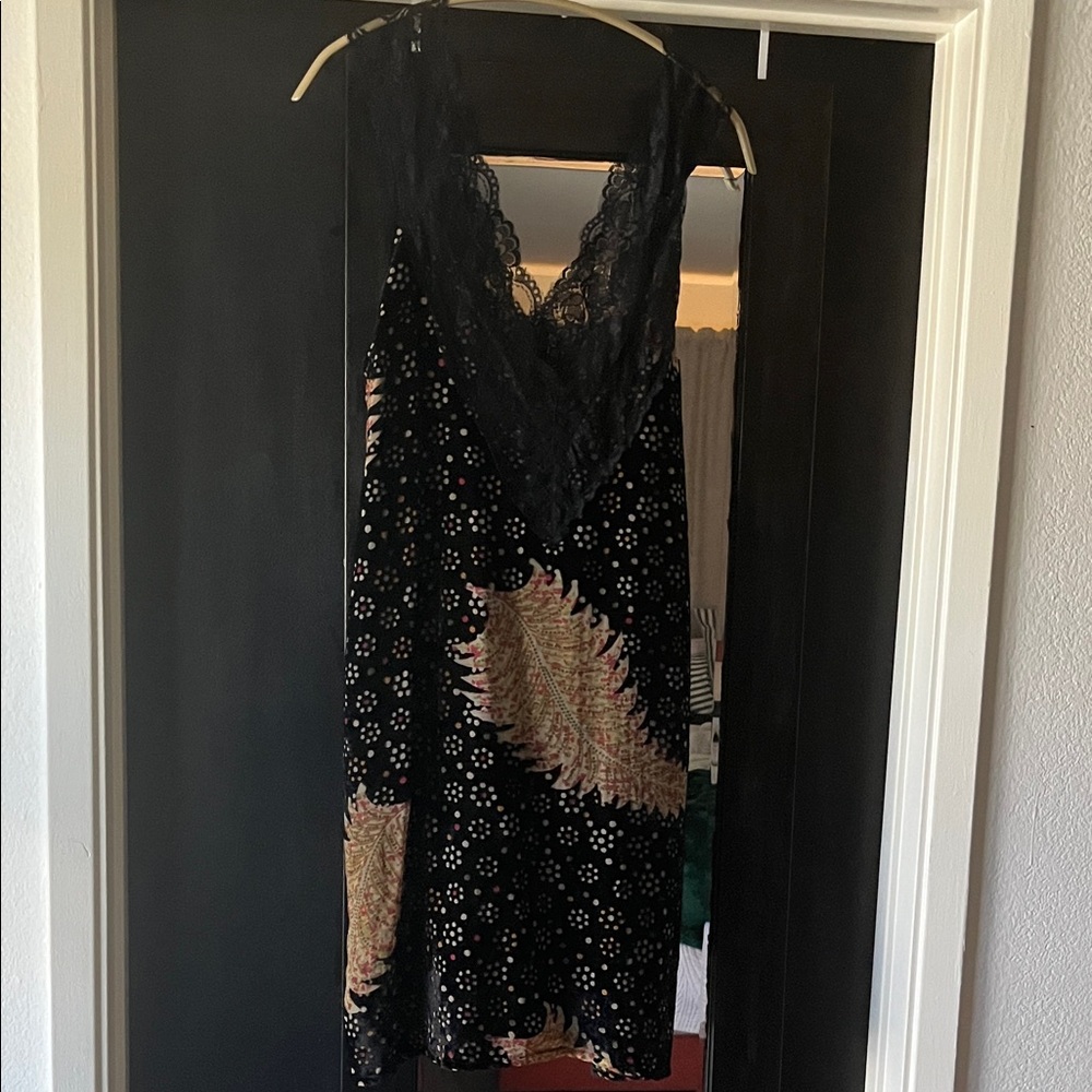 Nasty Gal Black Lace-Trim Slip Dress with Paisley Print